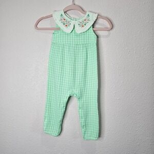 Baby Cat and Jack Mint Green Gingham Embroidered Collar Romper Jumpsuit 18M‎
